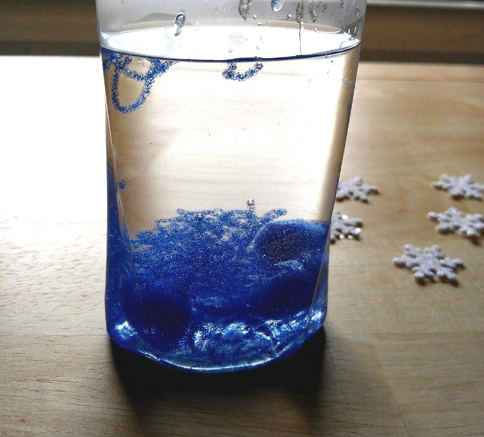 Glitter glue to warm water in a bottle