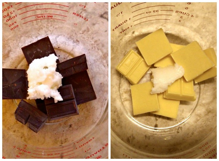 A progress shot of both light and dark chocolate in their own bowls ready to be melted - each also has coconut oil.