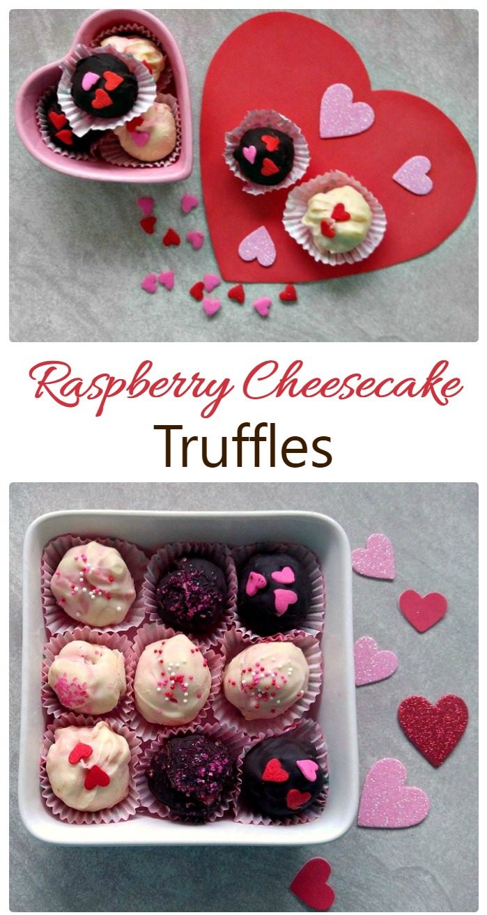 A text overlay reading "Raspberry Cheesecake Truffles" in between two photos, the top has black and white truffles with heart shaped candies on them on a paper heart and in a heart shaped dish, the photo on the bottom is a dish holding nine of these same truffles.