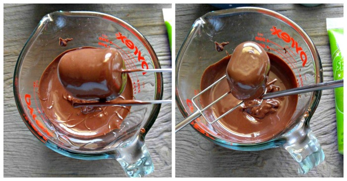 Dipping the hat tops Dipping marshmallows into melted chocolate