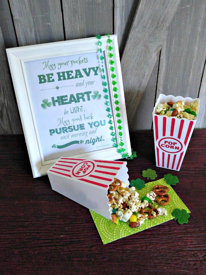 Leprechaun snack mix and St. Patrick's day printable in a white frame