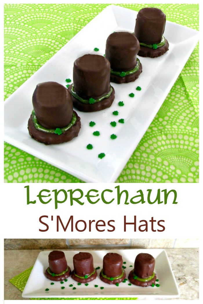 Leprechaun Hat S'mores Cookies St. Patrick's Day Cookies shaped like hats on a white plate with words reading "Leprechaun S'mores Hats."
