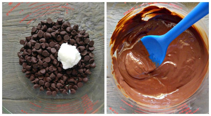 Melting chocolate Chocolate chips and coconut oil in a bowl and melted chocolate/
