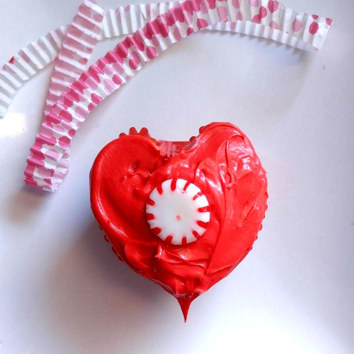 Peppermint hearts in a heart shaped cupcake