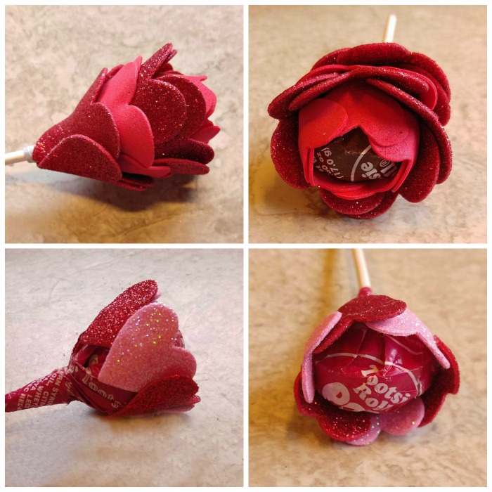 glitter flower pops red glitter and red pink Tootsie Pop Flower Valentines