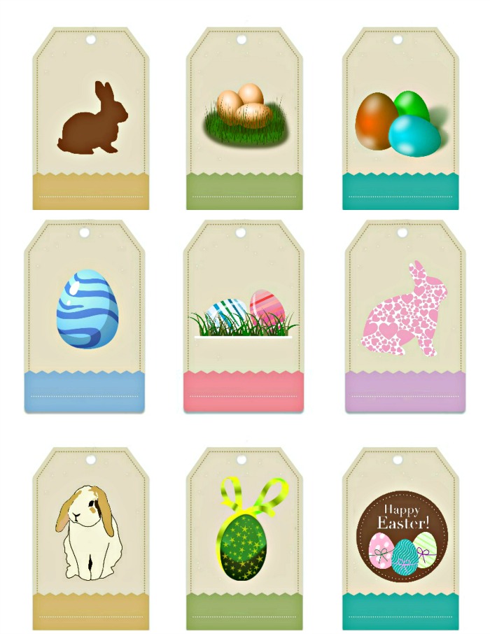 Nine different Easter gift tag designs, some with bunnies, and some with Easter eggs on them.