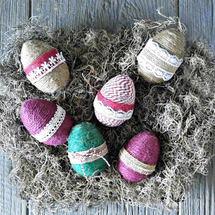 Rope wrapped eggs are great for both Easter and spring decor.