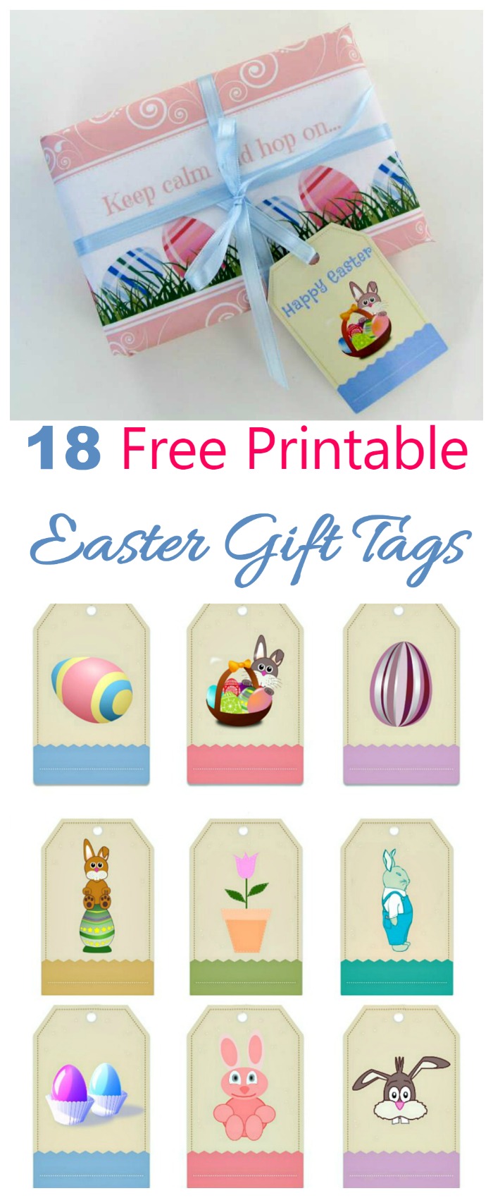 An Easter gift wrapped in Easter themed paper, with a Easter gift tag on it, and nine other designs of Easter gift tags below it.