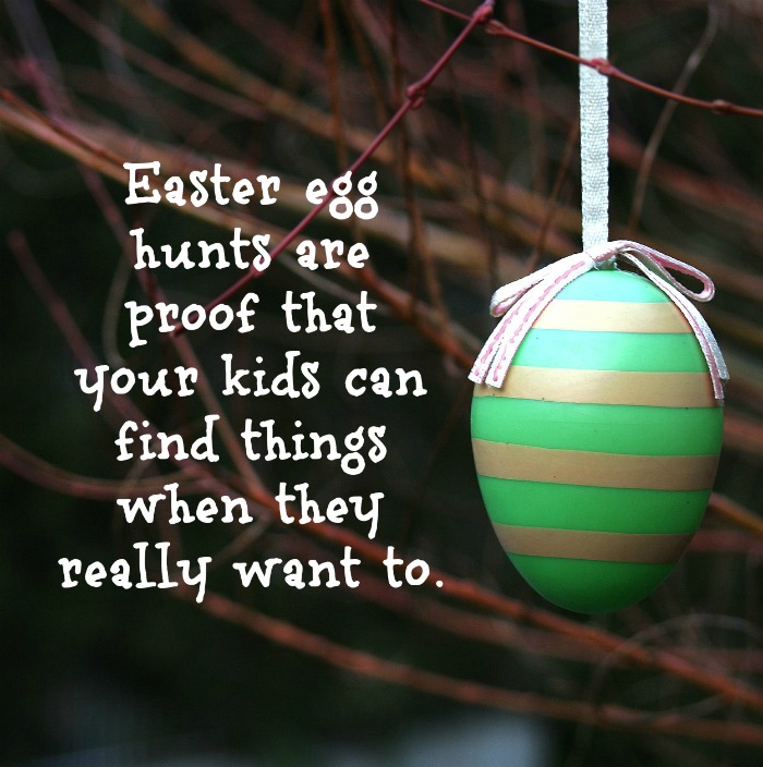 Easter kid's quote on top of a photo of a green and gold striped Easter egg hanging from a bare tree.