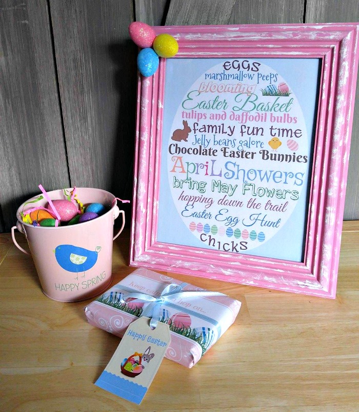 Framed Easter print, pail of eggs and a pretty Easter present Easter printable in a pink frame with pail of Easter eggs