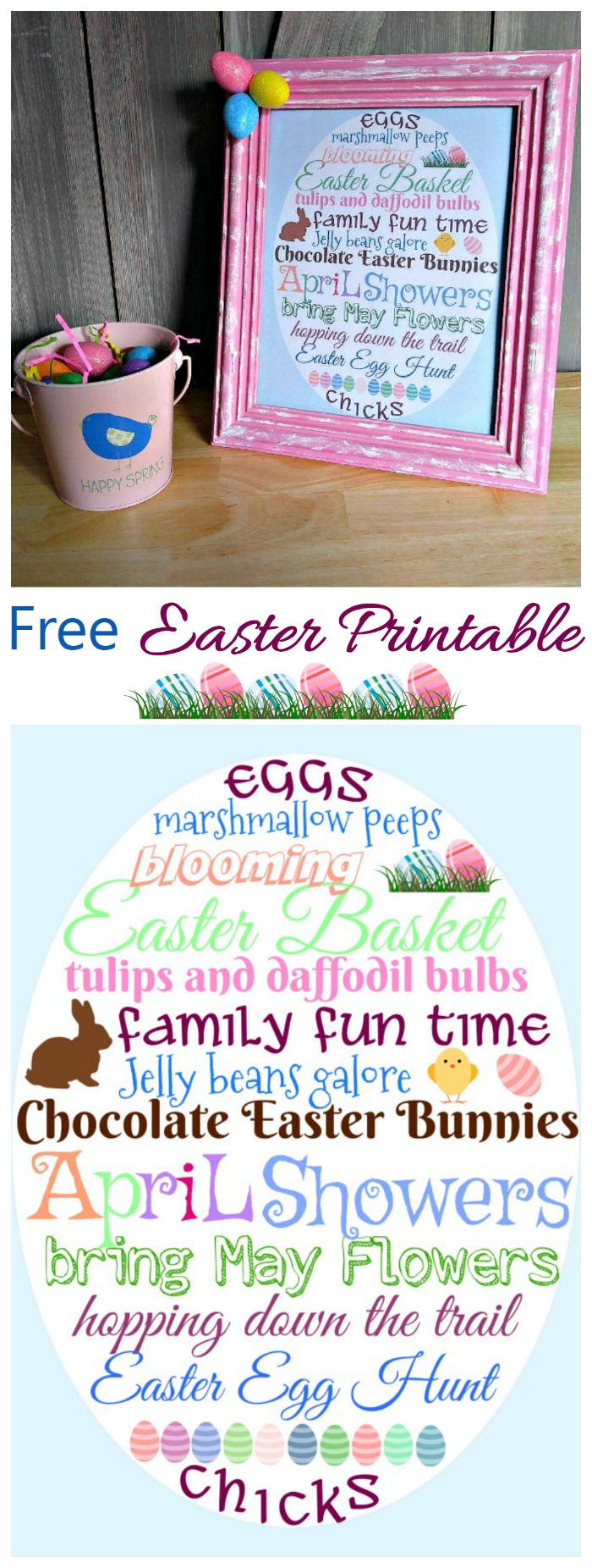 Framed Easter printable in a pink picture frame with a pail of Easter eggs This free Easter Printable has all your Favorite Easter words in the shape of an Easter Egg. Frame it for a home decor look.