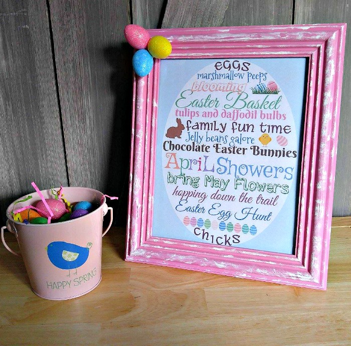 Framed Easter Printable with a pail of Easter Eggs