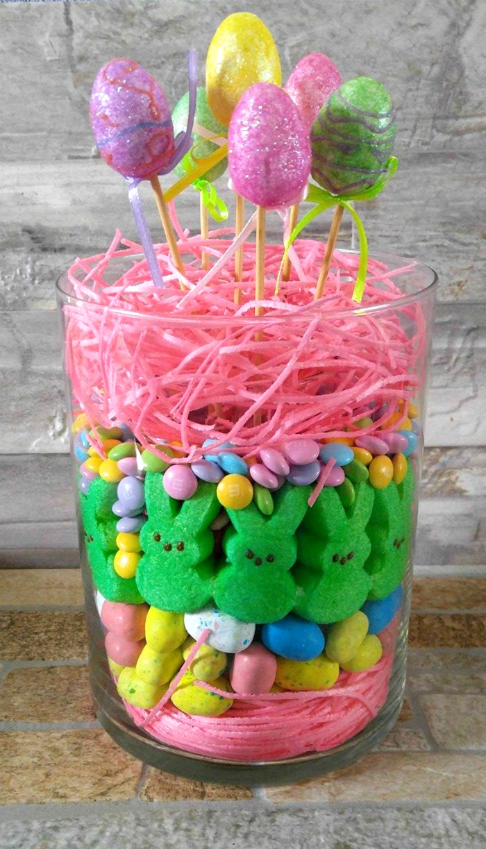Easter egg candy centerpiece with Peeps Finished Peeps Centerpiece