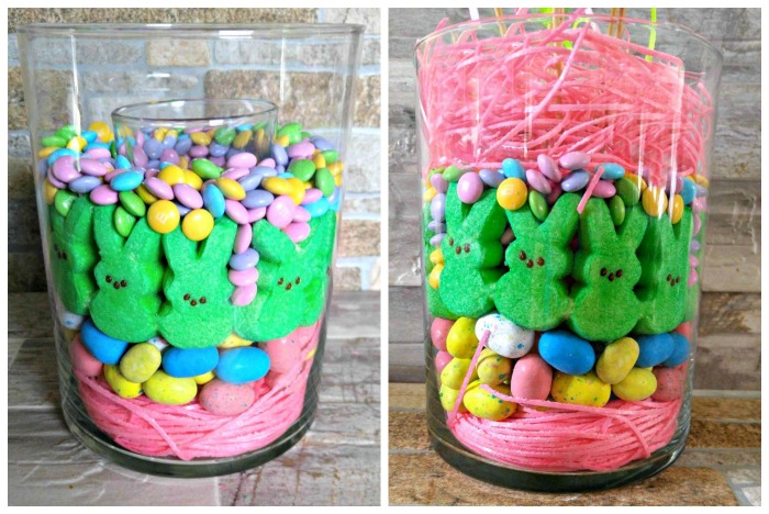 glass vase with Easter candle and pink grass Add the top two layers