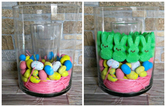 Robin eggs and Peeps on top of edible grass in a clear vase Ad the bottom two layers