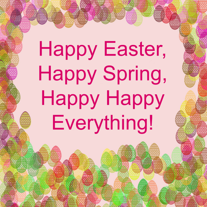 Happy Easter Quotes over a pink background with Easter eggs of various colors stamped all over it.