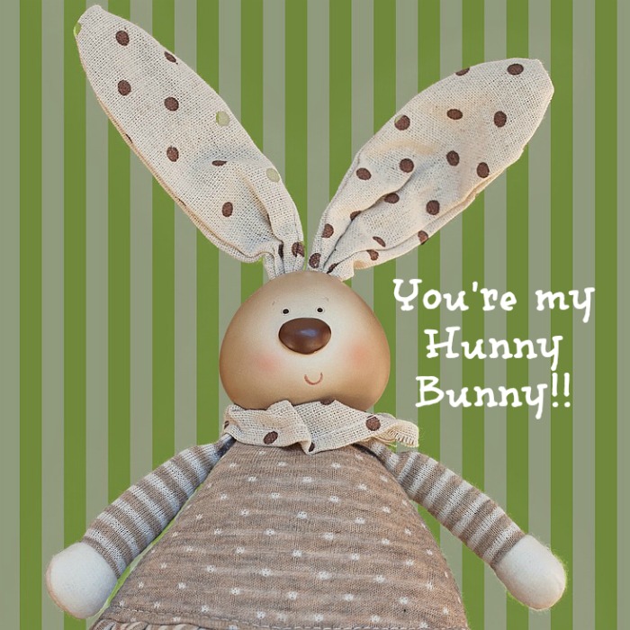 Cute Easter quote over the photo of a cloth bunny wearing brown and white polkadots and stripes against a green and white striped background.
