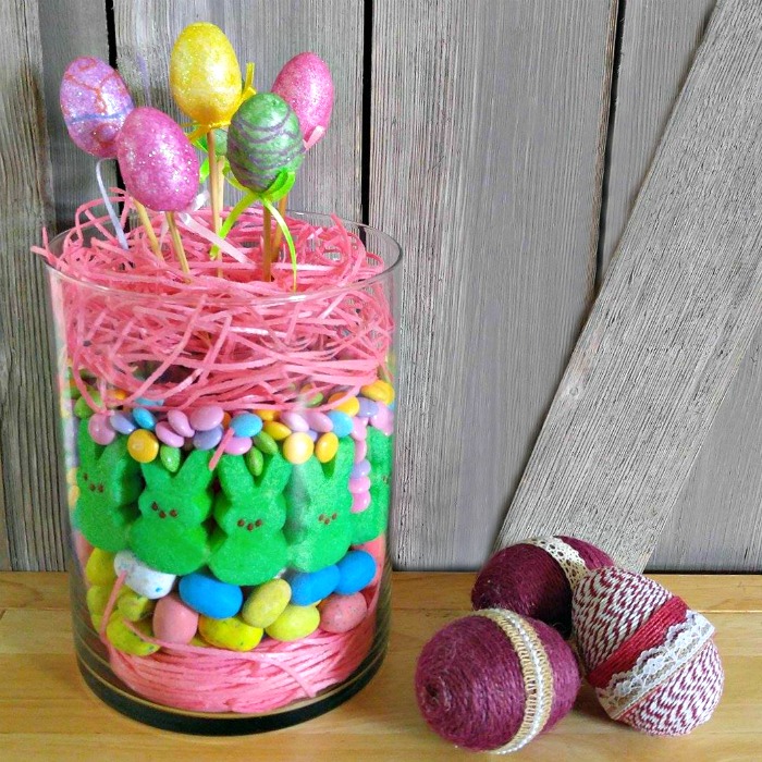 Easter egg and Peeps vase with rope covered eggs. Peeps Centerpiece