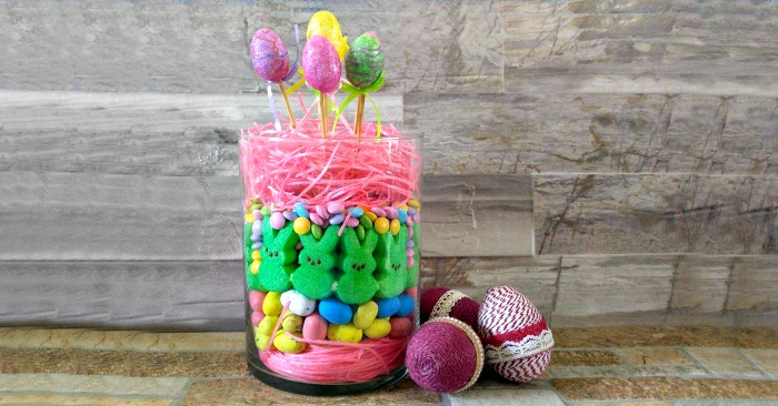 Vase of Easter candy and rope wrapped eggs Peeps Centerpiece