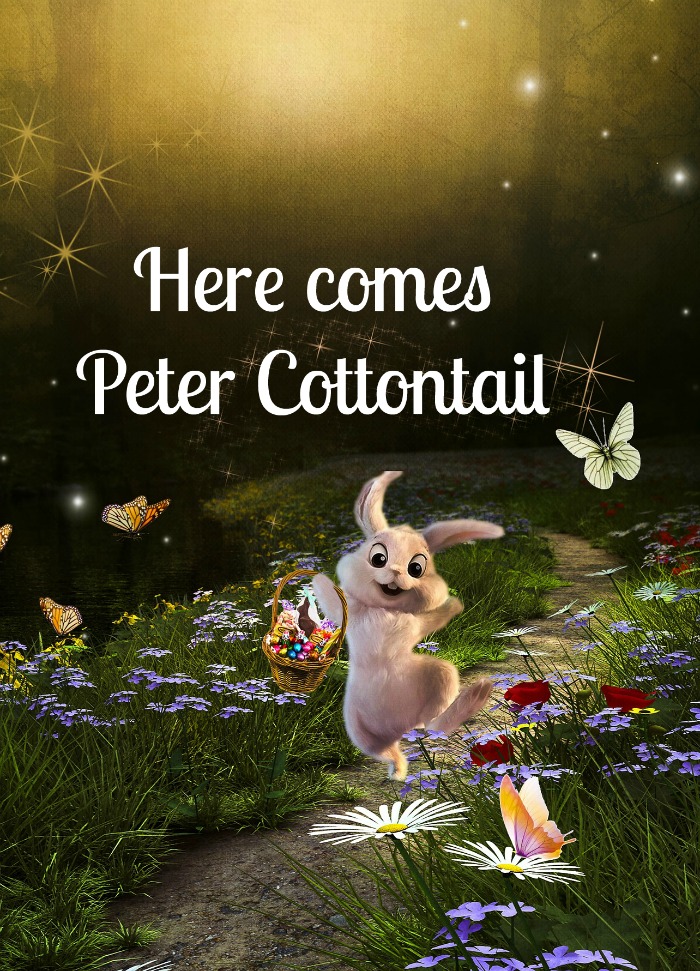 Peter Cottontail quote over the image of an animated bunny hopping down a lane flanked with flowers and butterflies.