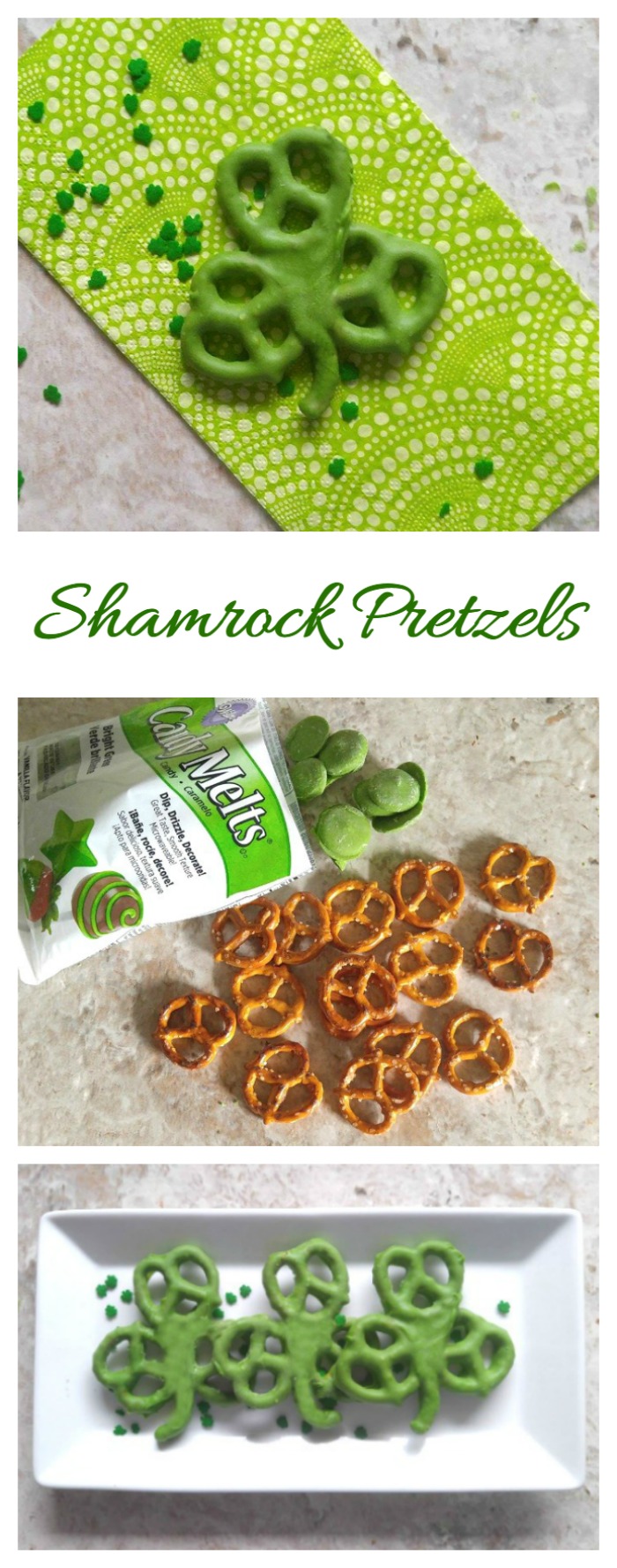 These Shamrock pretzels are a fun sweet and salty treat for St. Patrick's Day. They need only two ingredients!
