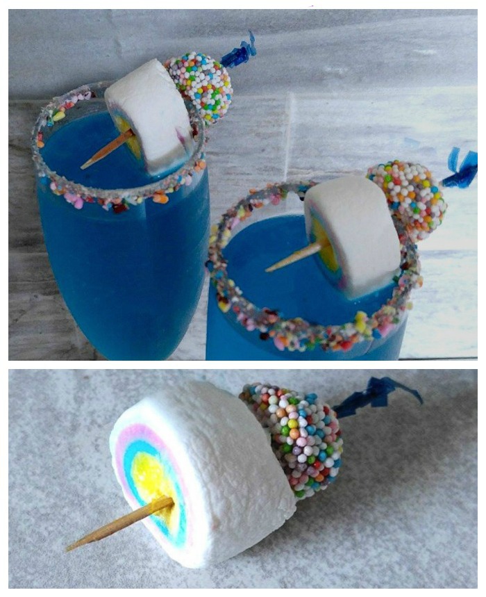 Blue cocktail with marshmallows and allsorts. One of my favorite Easter drinks - an Easter Kiss Cocktail.