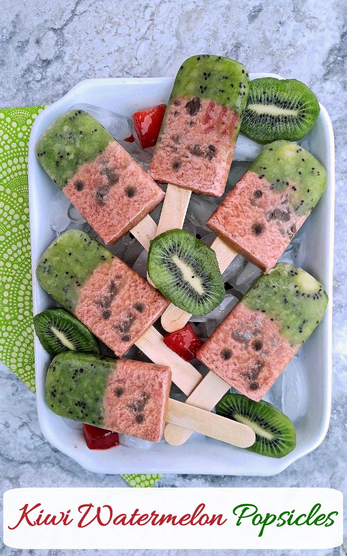 Kiwi watermelon pops These kiwi watermelon pops are sweet and hydrating with a crunch from some chocolate chips.