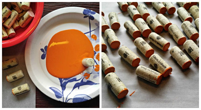 A collage of two photos of one of the steps of making a pumpkin wine cork craft. The first photo shows dipping the cork ends into orange paint on a paper plate, and the right shows the corks laying out to dry.