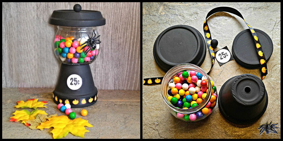 Let's make a Halloween gumball machine! Halloween gumball machine craft project in a collage, showing finished project on one side and supplies on the other side.