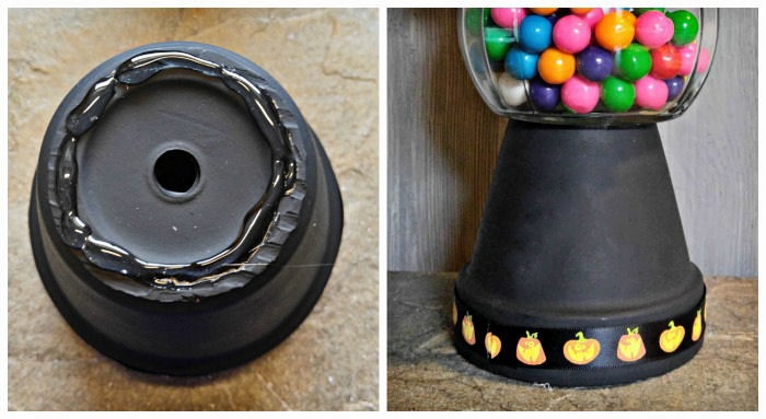 Hot glue the glass jar to the clay pot. Collage showing glue on the bottom of a painted clay pot and glass jar with bubblegum glued to the pot.