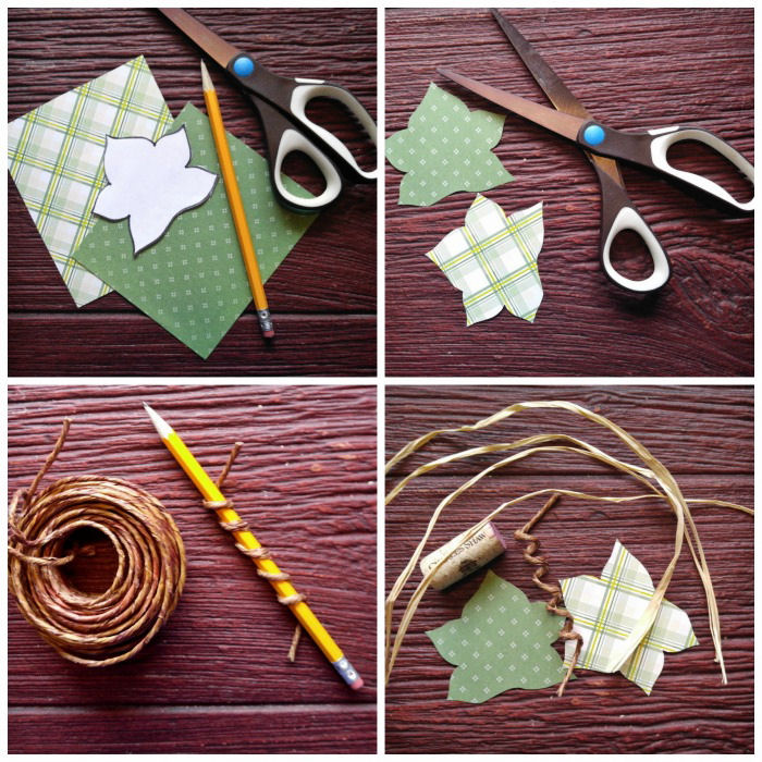 Step by step photos of making the leaves and stems of a pumpkin wine cork craft. 