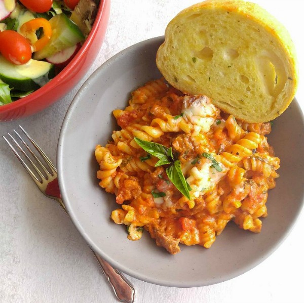 One pot sausage rotini bake