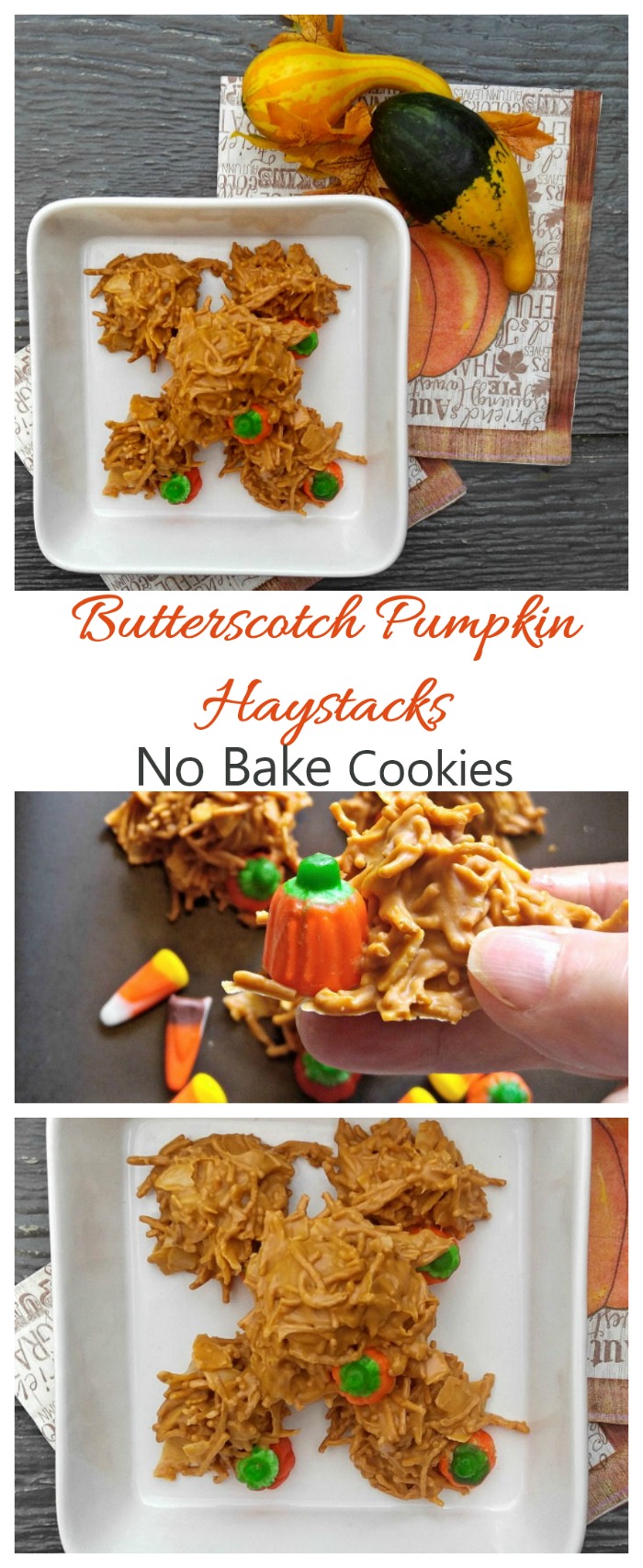 butterscotch cookies with pumpkins These pumpkin haystack cookies are made with chow mien noodles and butterscotch. I love the addition of the candy pumpkins. #butterscotchhaystacks #pumpkincookies