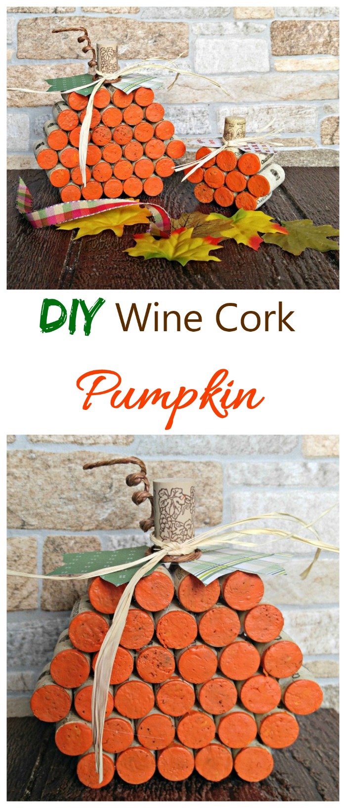 Two wine cork pumpkin crafts displayed next to autumn leaves above a text overlay that says DIY wine cork pumpkin, which is above a larger DIY pumpkin craft.