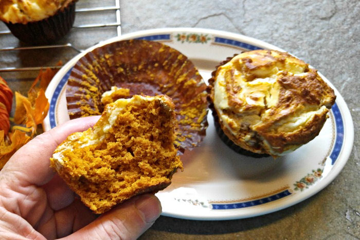 Pumpkin cheesecake swirl muffins Take a bite of these pumpkin muffins