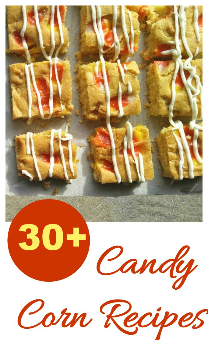 Candy corn blondies Over 30 recipes featuring candy corn for Halloween or Thanksgiving.