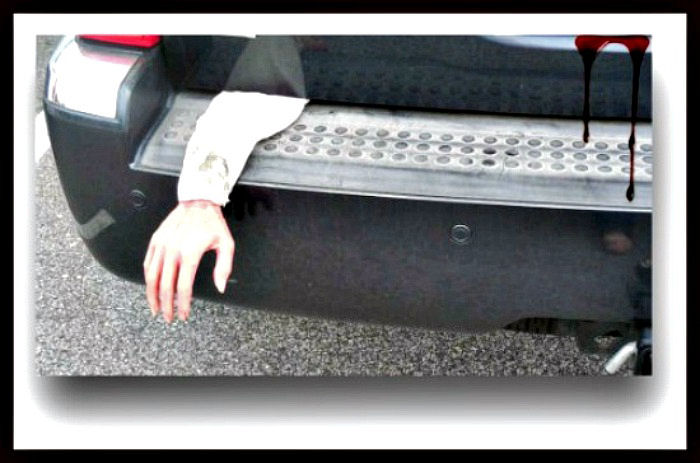bloody hand time! Hand and blood on the back of a car.