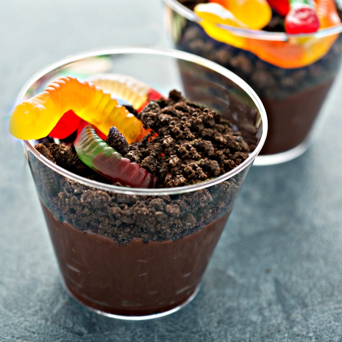 Halloween dirt cups with gummy worms.