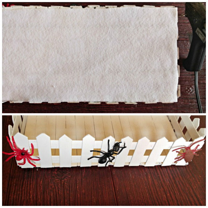 finishing the base of a picket fence with felt and bugs Finishing the base