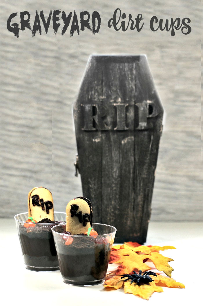 graveyard dirt cups with coffin. Graveyard dirt cups with leaves and coffin.