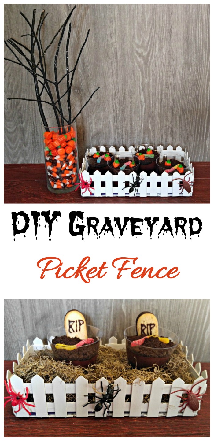 graveyard picket fence Candy corn tree with craft stick graveyard and words reading DIY graveyard picket fence.