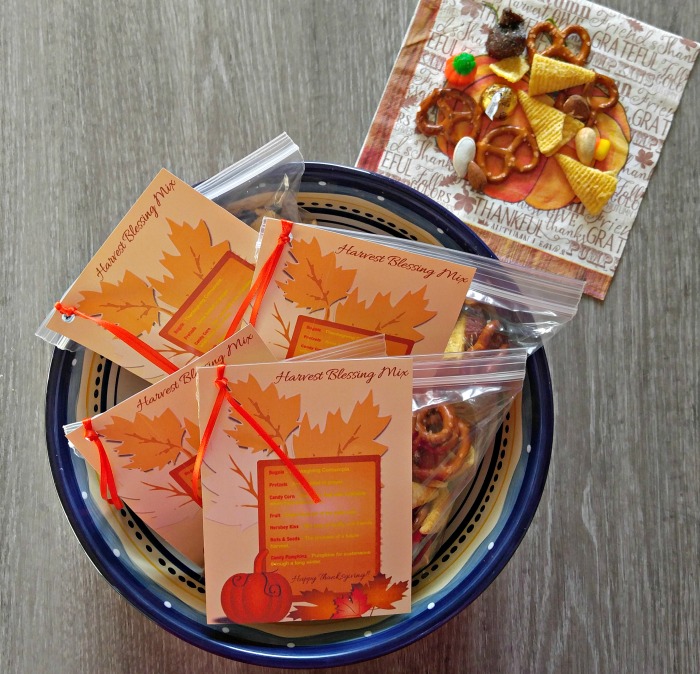 Individual packages of harvest blessing mix with blessing printable attached.