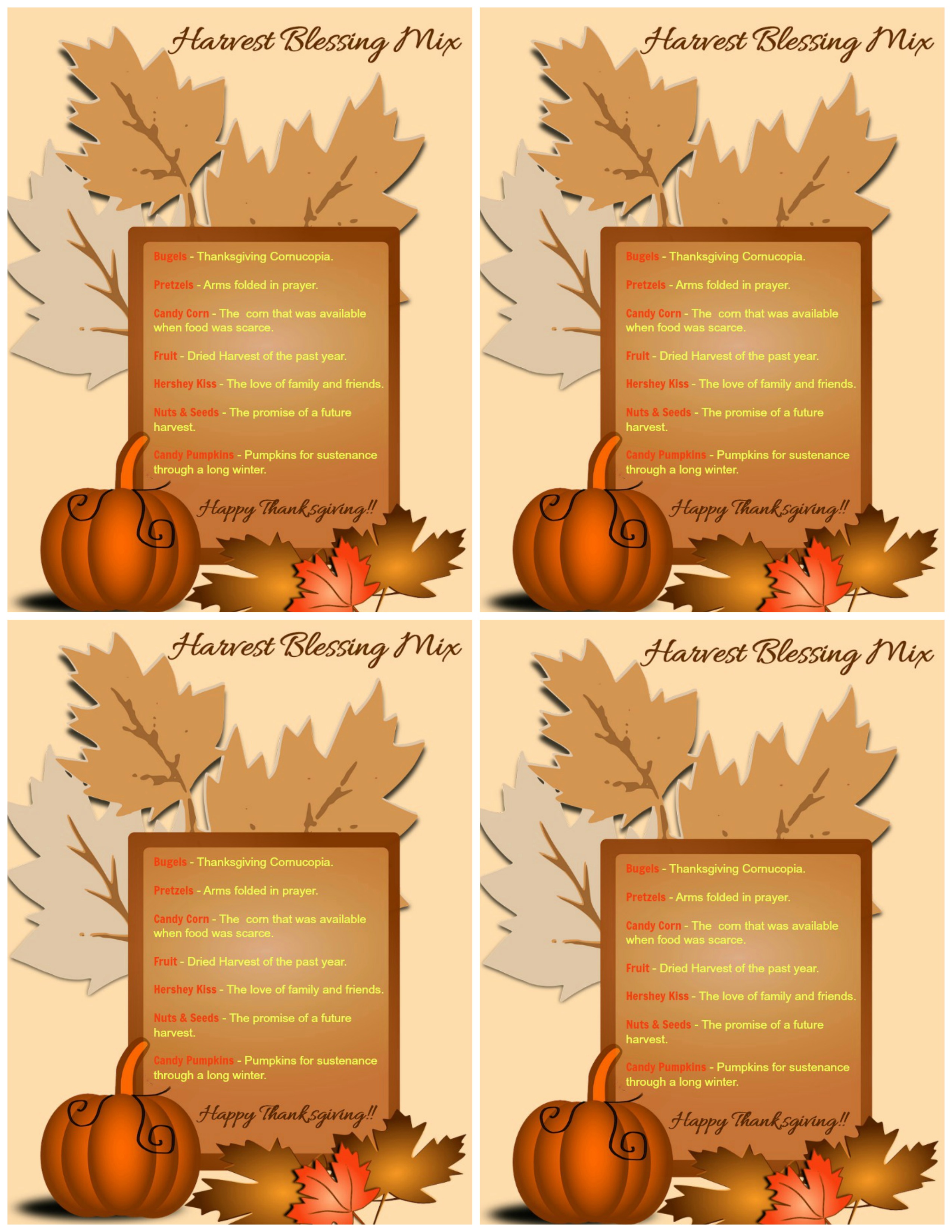 Harvest Blessing printables for snack bags with four blessings to a page.
