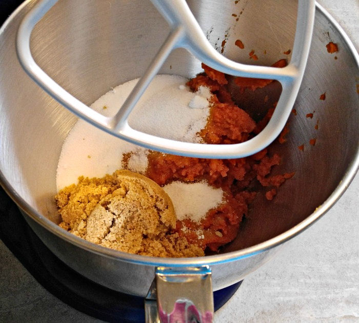 sugar and pumpkin puree in a mixing bowl sugar, pumpkin, eggs