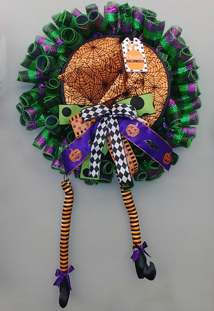 colorful witch wreath Witch legs Door wreath