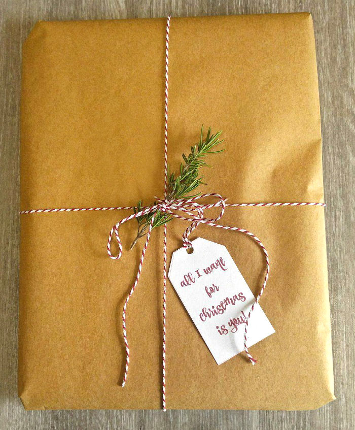 Rosemary and festive Christmas label on a plain package Printable Christmas Gift Tags with plain wrapping paper