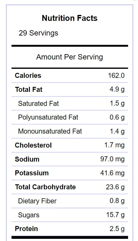 Snack mix nutritional label.