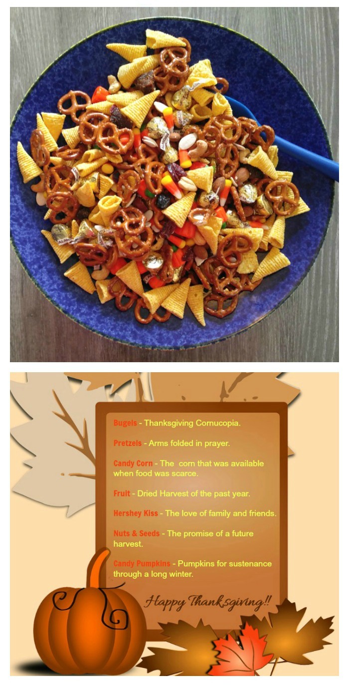 Thanksgiving snack mix in a blow with a spoon, and harvest blessing printable.