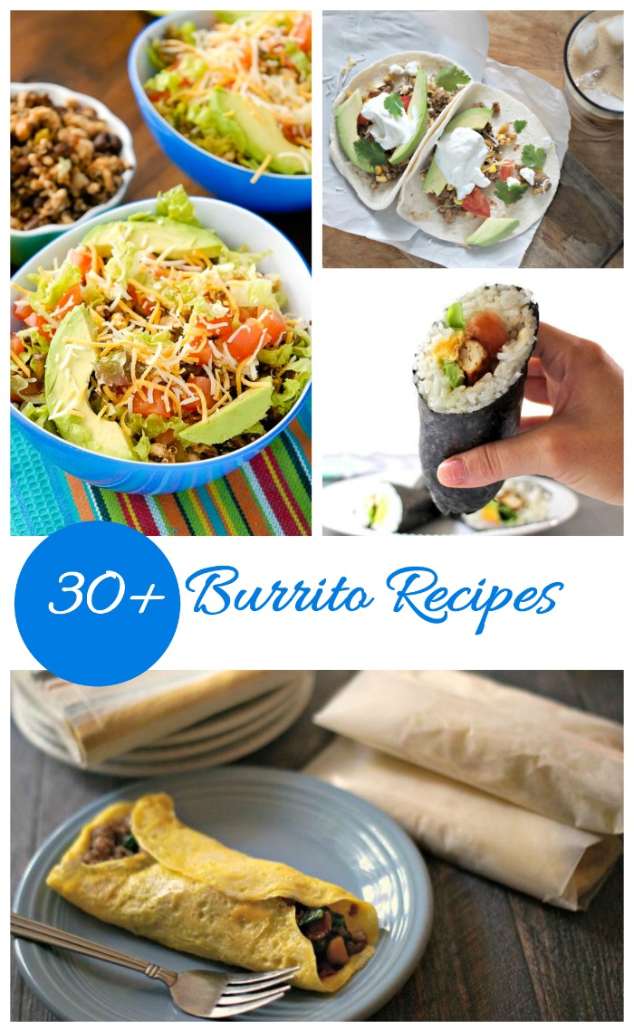 30 burrito recipes collage. 30 Burrito Recipes text overlay in a collage of four different images, a breakfast burrito, sushi burrito, tacos, and a burrito bowl.