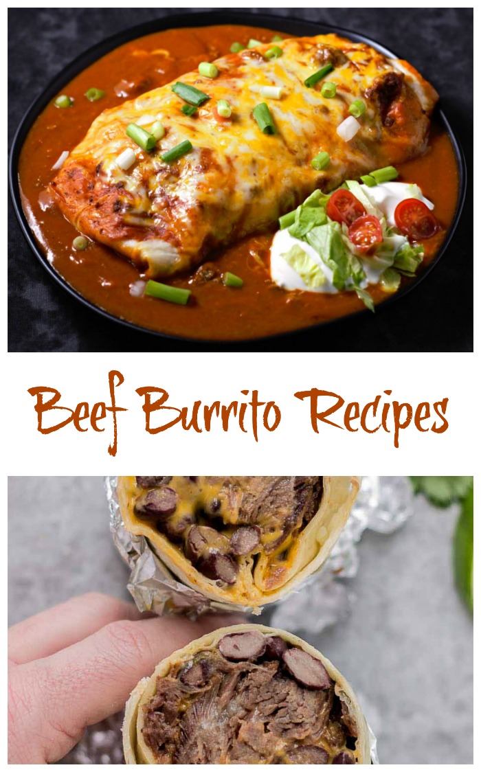 A beef burrito recipes collage. Beef burritos recipes text between a mojado burrito image and the image of a steak burrito in foil.